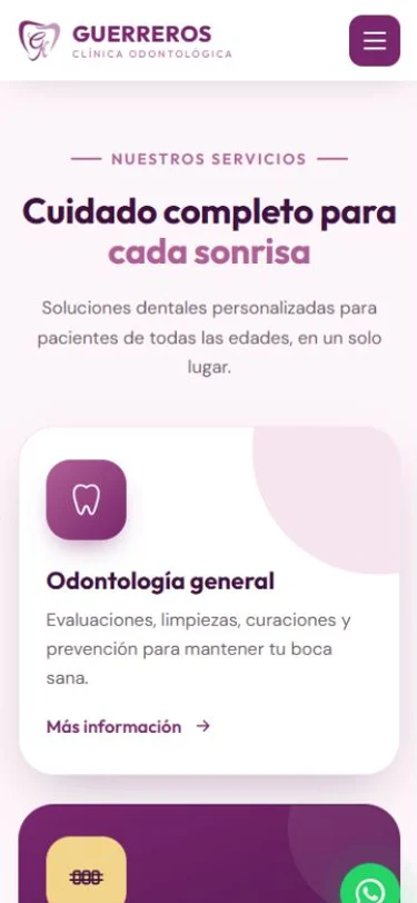 Servicios dentales, vista móvil