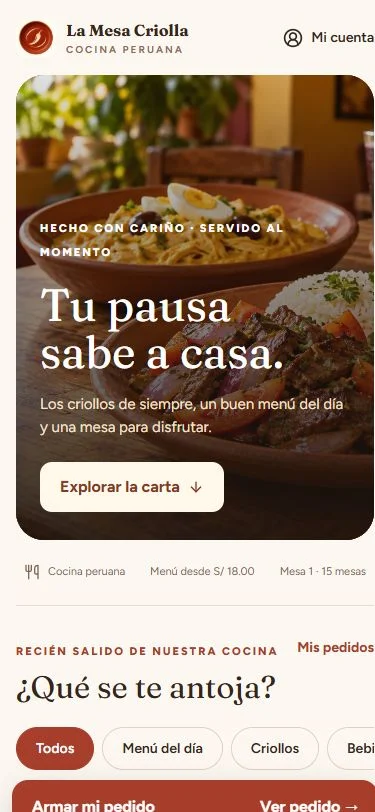 Inicio de La Mesa Criolla, vista móvil